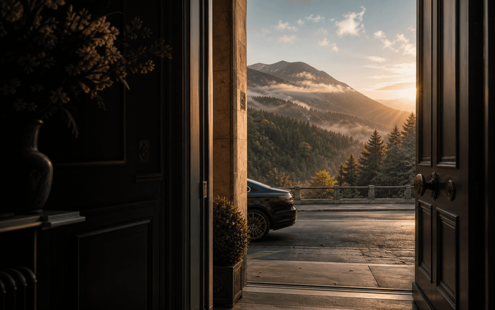 An open doorway towards the Carpathian mountains